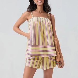 Women's summer two-piece outfit featuring yellow and purple striped camisole and shorts set