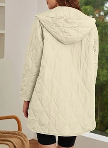 Rear view of a beige quilted puffer coat with hood and diamond pattern stitching