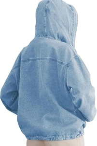 Back view of light blue denim hoodie jacket with drop shoulder and relaxed fit design