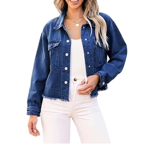 Women's dark blue denim jacket with frayed hem, metal buttons and chest pockets