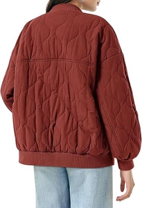 Back view of a brick red quilted bomber jacket with gourd pattern stitching and ribbed trim