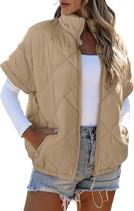 Detail of khaki quilted puffer vest featuring a high collar and zipper closure for women