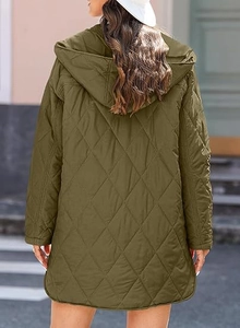 Rear view of women's olive green quilted hooded jacket showing diamond stitch pattern