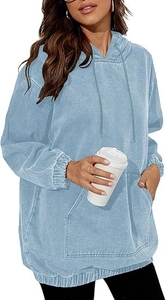 Detail view of oversized light blue hoodie with vintage wash and ribbed knit cuffs