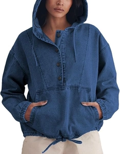 Detail of blue denim hoodie with button neckline, kangaroo pocket and adjustable drawstring