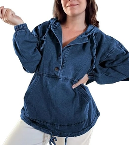 Detail of hooded denim pullover jacket featuring button placket and kangaroo pocket