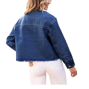 Women's short dark blue washed denim jacket featuring a stylish raw hem and casual fit