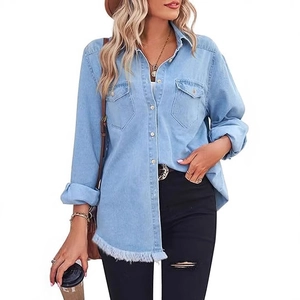 Damen Vintage Gewaschenes Denim Hemd Langarm Ausgefranster Saum Fransen Lockerer Knopfjacke Tasche Casual Shacket Bluse