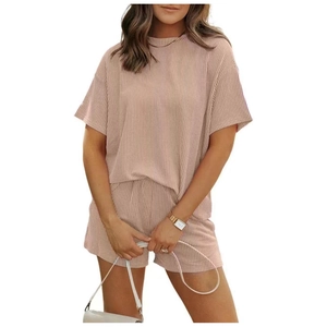 Women's 2-piece summer lounge set featuring striped knit t-shirt and matching shorts