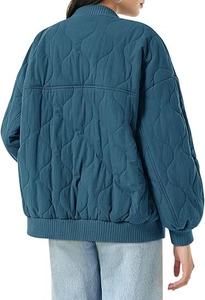 Detail of teal quilted bomber jacket with wavy pattern and ribbed cuffs for women