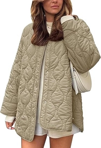 Detail of wavy quilted texture on khaki lightweight loose-fitting round neck jacket
