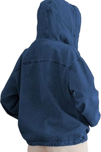 Back view of a loose fit dark blue hooded denim jacket with drawstring hem details