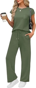 Detail of olive green lounge set featuring breast pocket and drawstring wide-leg pants