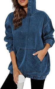 Detail of oversized acid wash denim hoodie featuring kangaroo pocket and drawstring hood