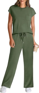 Detail of olive green two-piece lounge set with short sleeve top and wide leg pants