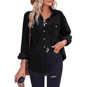 Vintage schwarzes Damen Jeanshemd Langarm mit Fransen am Saum und praktischen Brusttaschen