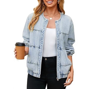 Veste en Jean Lavé Décontractée pour Femmes Col Rond Fermeture Éclair Manches Longues Coupe Large Bomber Streetwear Mélange Coton