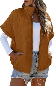 Close-up of caramel quilted vest with diamond pattern, high collar, and front zipper