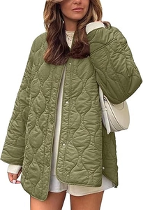 Close-up of olive green quilted jacket featuring golden metal snap buttons and wave patterns