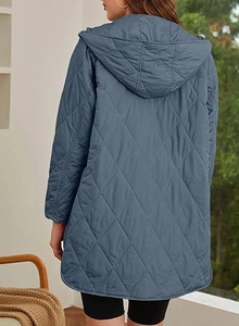 Rear view of women's hooded quilted coat with diamond stitching in grey blue color