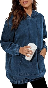 Detail of dark blue oversized washed denim hoodie with kangaroo pocket and drawstring hood