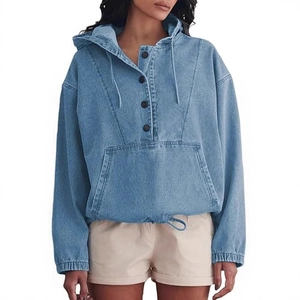 Women's Casual Denim Hoodie Jacket Button Down Pullover Sweatshirt With Kangaroo Pocket Loose Fit Washed Jean Top