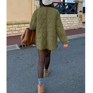 Rear view of an army green quilted jacket with onion stitching and side slits