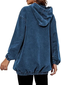 Rear view of an oversized washed denim hoodie featuring drop shoulders and elastic cuffs