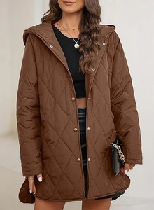 Detailed macro view of the coffee brown quilted jacket with diamond patterns and hood