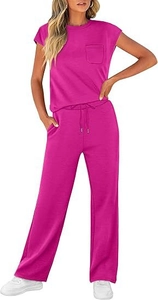 Detail of hot pink loungewear set with t-shirt chest pocket and drawstring wide-leg pants