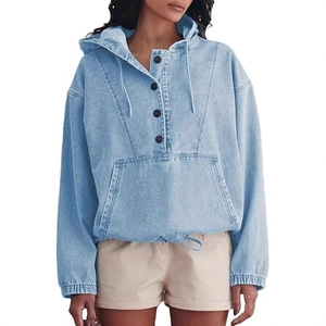 Women's light blue washed denim hoodie with button collar and kangaroo pocket