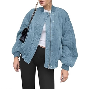 Women's quilted oversized bomber jacket in morandi blue with wavy stitching pattern