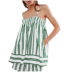 Women's summer two-piece green striped camisole top and matching shorts set
