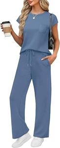 Detail of blue casual two-piece set featuring drawstring wide-leg pants and pocket tee