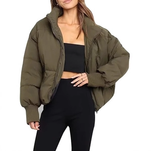 Women's Casual Short Puffer Jacket Stand Collar Zipper Quilted Bread Coat Warm Loose Solid Color Outerwear Polyester Parka