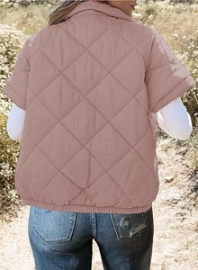 Back view of pink diamond quilted vest with elastic hem and short sleeves for women