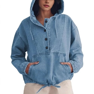 Women's light blue denim hooded jacket with button closure and kangaroo pocket detail