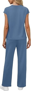Rear view of women's casual round-neck short sleeve top and wide-leg pants set in misty blue
