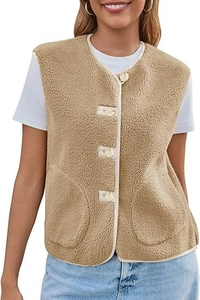 Detail view of khaki sherpa vest showing textured faux fur fabric and retro button closure