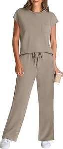 Detail of taupe short sleeve top with chest pocket and elastic waist straight leg pants
