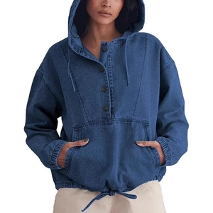 Women's blue denim hoodie with button neck, kangaroo pocket and drawstring hem