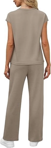 Back view of a casual khaki two-piece set featuring a short sleeve top and wide-leg trousers