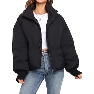 Women's warm black cropped puffer jacket with stand collar and loose silhouette