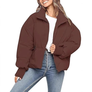Women's loose short puffer jacket in brown with stand collar and ribbed cuffs