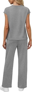 Back view of grey casual two-piece set featuring sleeveless top and straight-leg trousers