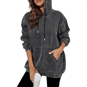 Women Vintage Acid Wash Denim Hoodie Oversized Pullover Drop Shoulder Sweatshirt Streetwear Casual Hooded Jacket With Kangaroo Pocket