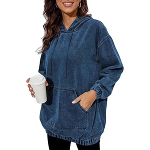 Vintage oversized washed denim blue hoodie for women with a relaxed drop shoulder fit
