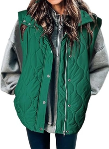 Detail of dark green quilted vest with rhombic texture and metal snap buttons for women