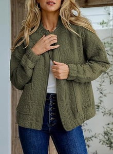 Detail of olive green quilted jacket with floral embossing and front zipper closure