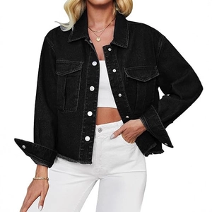 Women's black washed denim jacket with frayed hem and chest pockets in a relaxed fit
